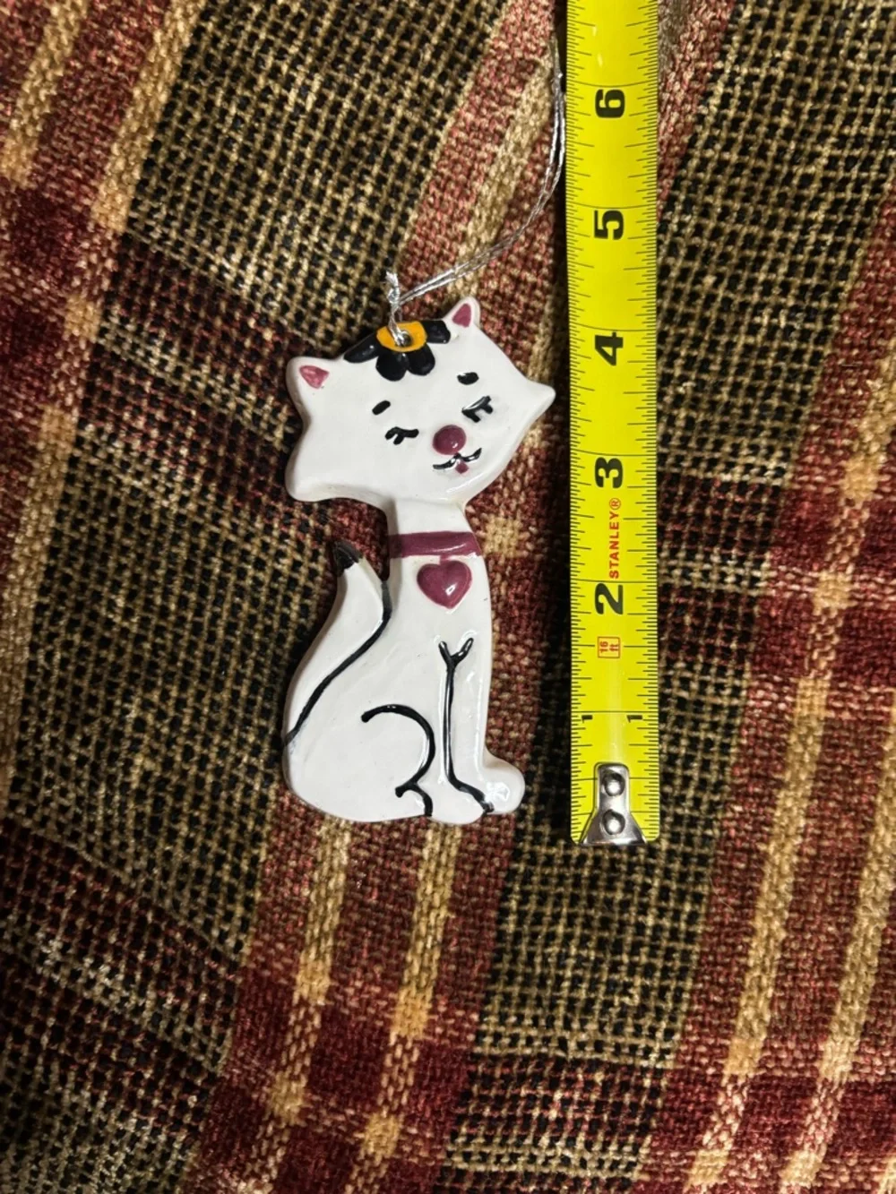 Vintage Ceramic White Cat Ornament with Pink Details - Pets Cat Decor